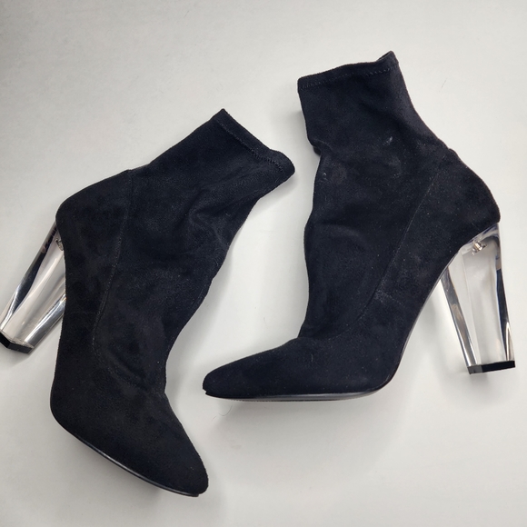 Liliana Black Sock Booties with Clear Plastic Heel Size 10 - Picture 2 of 10